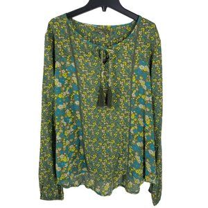 Prana Womens Long Sleeve Green Blue Yellow Floral Tassel Blouse XL Mini Flower
